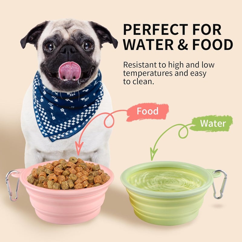 TECOPH Collapsible Dog Bowls 2-Pack, Portable Travel Dog Bowl with Carabiner, Food-Grade Silicone Pet Bowl for Hiking, Walking (Macaron Pink and Green) - Image 3